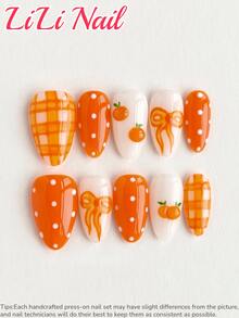 10 piezas de pegatinas de uñas acrílicas hechas a mano, uñas cortas en forma de almendra, naranja, blanco, estilo INS, lunares, lazo, uñas 3D, pintadas a mano, patrón de tablero de ajedrez, uñas lindas, asequibles, suministros para uñas, set de uñas reutilizable con herramientas para uñas, adecuado para uso diario, fiesta, oficina, regalo para primavera y verano - Naranja - Ver 16