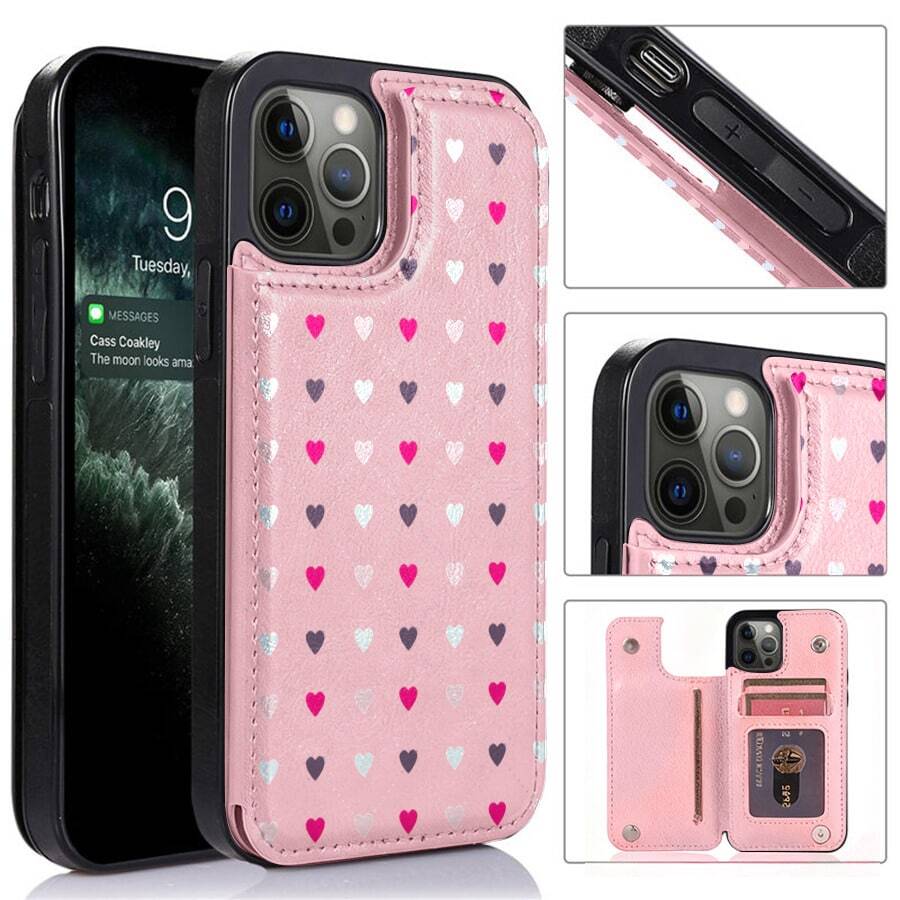 1 unidad Patrón corazones rosas claro oscuro Funda para iPhone 17 pro max Esta funda cuenta con una función de cartera con múltiples ranuras para tarjetas y un cierre magnético ultrarresistente q - Rosa - Ver 1