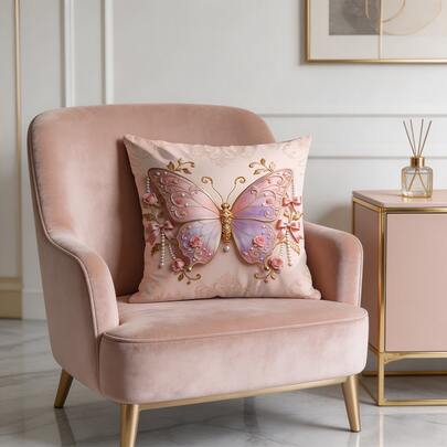 1PC, Multicolor, 3D Effect Gradient Butterfly With Rose & Pearl, Baroque Luxury, 2D Printed Pillowcase, 100% Polyester Fabric, Pillow Insert Not Included, Perfect For Adding A Warm, Inviting Atmosphere To Entryways Or Home Spaces.