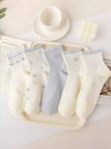 5 Pairs Random Light Blue Comfortable Breathable Bowknot Versatile Short Socks - Multicolor - View 4
