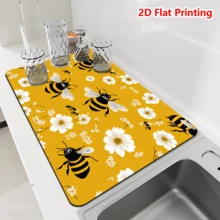 1/10 piezas Alfombra absorbente con estampado de flores amarillas & abejas de primavera/verano, alfombra de tierra de diatomeas súper absorbente y antideslizante adecuada para cafetera, vajilla, tazas, suministros de cocina del hogar, fácil de limpiar - Amarillo - Ver 7