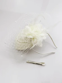 1件仿珍珠優雅頭飾，復古風格，適合新娘婚禮，飾有仿羽毛和面紗，特殊場合頭飾 - 米色 - 查看 3