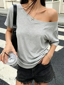 1pc Asymmetrical Shoulder Light Grey Short Sleeve T-Shirt, Casual Loose Comfortable Summer Wear - Light Grey - View 4