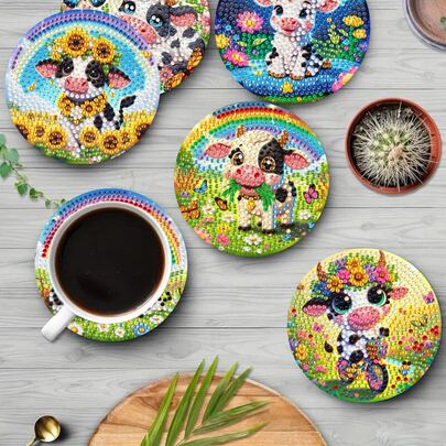 6件套可爱奶牛钻石画杯垫套装，DIY钻石艺术杯垫，防滑饮料杯垫 - 适用于汽车杯垫、茶杯垫、咖啡杯垫、饮料杯垫，适合家居和办公室装饰、乔迁之喜、送给父母、朋友的礼物、圣诞派对礼品