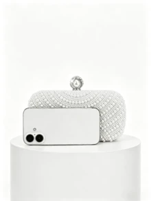 1 件优雅仿珍珠盒式手拿包，浪漫婚礼派对钱包，饰有奢华水晶，正式场合单肩包，适合新娘、婚礼手提包 - 白色 - 查看 5