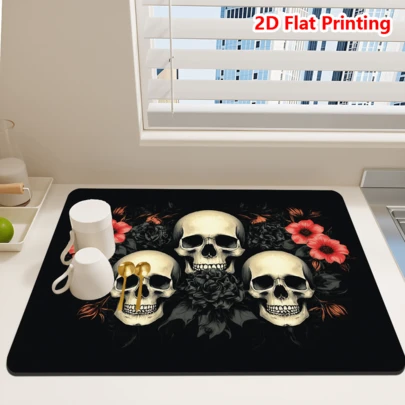 1/10 Tấm lót chén đĩa in hình đầu lâu và hoa đỏ ngộ nghĩnh, chống trượt, siêu thấm hút, làm từ tảo cát, thích hợp dùng cho máy pha cà phê espresso, chén đĩa và cốc, đồ dùng nhà bếp gia đình, dễ vệ sinh.