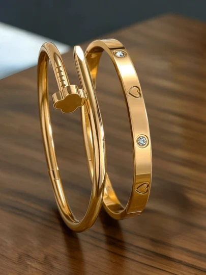 1pc/2pcs Vintage Stainless Steel Zirconia Bracelet Set For Women, 4-Leaf Clover & Heart Zirconia Multi-Element Design, Stackable Or Wear Alone, Non-Fading, Suitable For Daily Wear,Summer,Jewellery