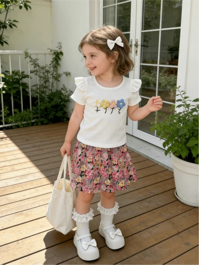 Bộ đồ hè 2 món cho bé gái: Áo tay ngắn họa tiết hoa + Quần short in họa tiết toàn thân, cạp chun co giãn dễ mặc, chất vải nhẹ thoáng khí, phù hợp cho mặc hàng ngày, chơi ngoài trời và nhiều hoạt động khác.