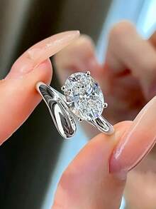 优雅花卉几何图案帕拉伊巴绿可调节开口戒指，女士珠宝礼品 - 白色 - 查看 4