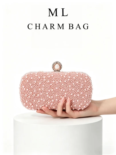 Túi cầm tay màu hồng ngọc trai lấp lánh, túi xách dạ hội đính đá lấp lánh, ví dự tiệc sang trọng dành cho nữ.