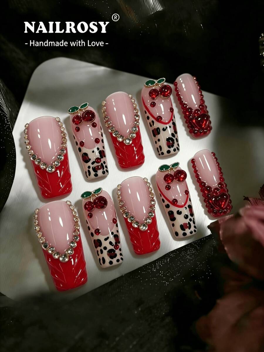 nailrosy 10pcs Handmade Pink Dopamine Pressed 3D Y2K Square Reusable False Nails With Rhinestones | Shiny Multicolor French Stiletto Nail Tips - Pink - View 1