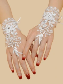 1 par de nuevos guantes de novia para vestido de boda, guantes cortos sin dedos hechos a mano con encaje y rhinestones para estudio de bodas - Blanco - Ver 4