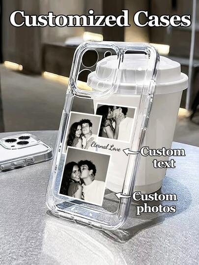 1 pièce Coque de téléphone transparente personnalisable avec 2 photos et texte, compatible avec iPhone 17 Pro Max/17 Air/16 Pro Max/15/17/13/12 Mini/11/XS Max/6 7 8 Plus, en matériau TPU avec transparence claire, convient pour la Saint-Valentin, le mariage, l'anniversaire, le meilleur cadeau pour les couples, les meilleurs amis, la famille et les amis