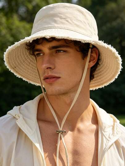 1pc Summer Drawstring Brim Bucket Hat, Outdoor Sun Hat, Adjustable Chin Strap, Durable Design, Soft Fabric, Windproof, Fashionable, Suitable For Travel, Beach, Leisure Vacation, Daily Use