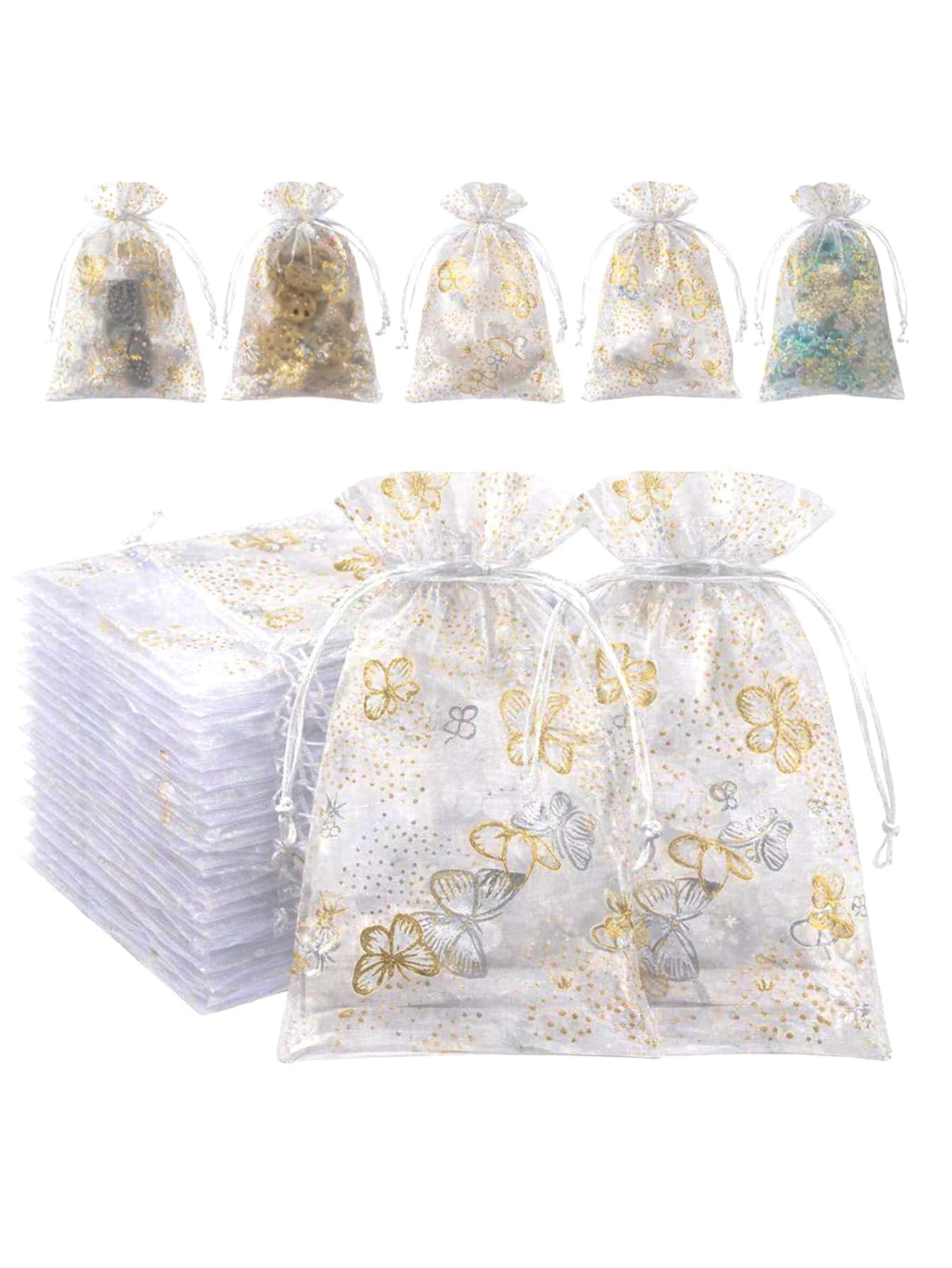 40 Stück kleine weiße & goldene Schmetterling Deko transparente Organza Zugbeutel, Muster mit goldenen Schmetterling- & Blumenmuster, geeignet für Schmuck, Party Geschenke - A - Übersicht 1
