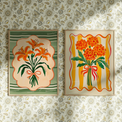 两幅复古风格墙面艺术海报，复古野花帆布画，中世纪花卉艺术版画 - 万寿菊和百合花图案，绿色和橙色波西米亚风格植物墙面装饰极简艺术套装，植物插画，可选择带框或不带框，家居装饰，宿舍、酒店、客厅、卧室、浴室和办公室墙面装饰礼品