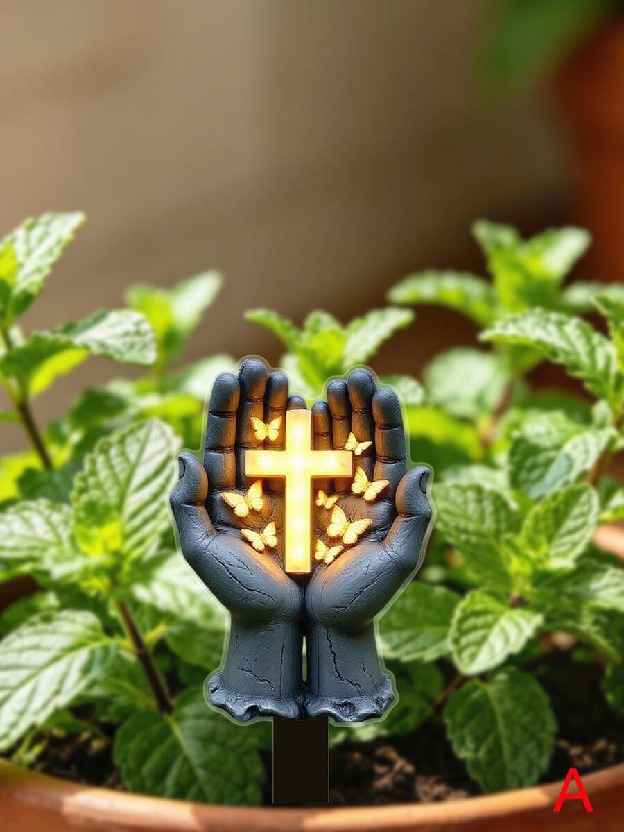 2D Flat, 1pc Acrylic 2D Flat Soil Fixing Stake With Decorative Pattern: Hands Holding Cross And Butterfly, Beautify Flower Pot As Pot Decor, Suitable For Outdoor Garden Gift, 2D Flat