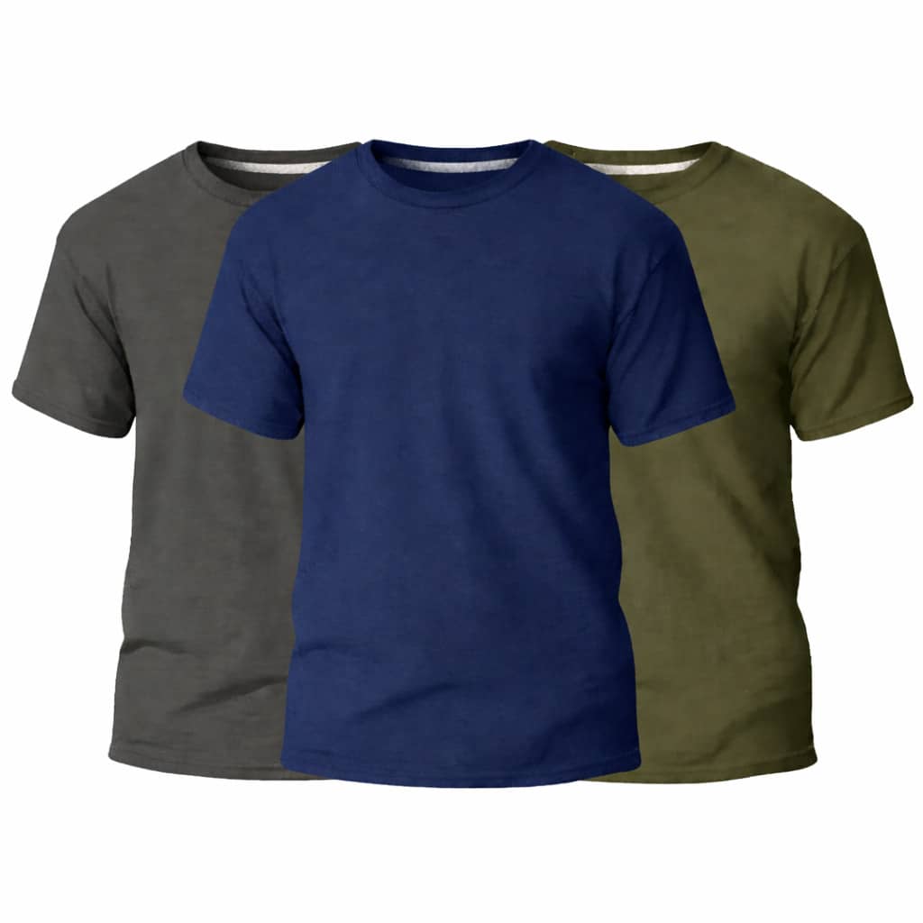 Set Of 3 Men's Basic Plain T-Shirts, 100% Cotton, 30.1 Mm - 海軍藍/軍綠/炭灰 - 查看 1