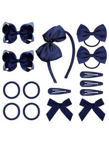 Set de 15 piezas de accesorios para el cabello de uniforme azul marino - Pinzas para el cabello con moño, diademas, ligas para el cabello, adecuado para niñas y estudiantes - Azul Marino - Ver 8