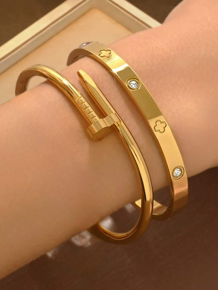 1 buah Set Gelang Zirkonia Stainless Steel Vintage untuk Wanita, Desain Multi-Elemen Zirkonia Daun Semanggi Empat dan Hati, Dapat Ditumpuk atau Dipakai Sendiri, Tidak Luntur, Cocok untuk Pemakaian Sehari-hari, Musim Panas, Perhiasan - Emas - View 1