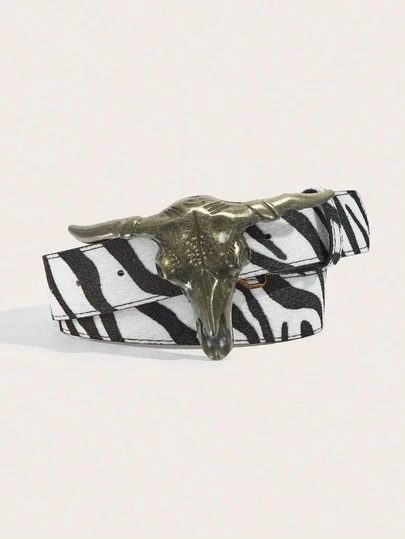 1pc Western Cowgirl Style Metal Steer Head Zebra Print PU Leather Belt, Suitable For Jeans, Shorts, Western Parties, Daily Wear, Gatherings, Mothers, Ladies, Outdoor Activities, Gifts, Vacations, Dates, Valentine's Day, Halloween, Christmas, Birthdays