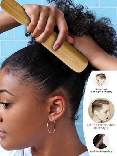 1支竹柄猪鬃发刷，天然美发造型清洁刷，适用于梳理头发、控制卷发和碎发，适合所有发质，表面光滑，可选圆形或锥形刷头。