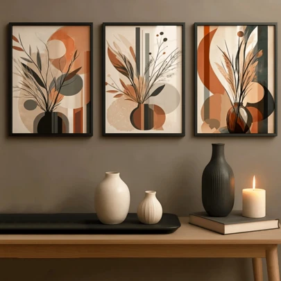 3 pièces/set Affiche d'art mural moderne, triptyque de canevas d'illustration botanique abstraite de plante en pot - illustrations botaniques biophiliques - art mural dans des tons neutres - conception géométrique et botanique contemporaine, avec ou sans cadre, décoration de pièce, décoration de maison, cadeau de pendaison de crémaillère idéal, décoration de dortoir universitaire, appartement, cadeaux pour la décoration murale dans l'hôtel, la maison, le salon, la chambre, la salle de bain et le bureau
