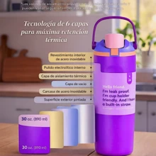 Botella térmica reutilizable con popote integrado y asa,FAB-29, Termo moderno de acero inoxidable 304, 900 ml, práctico, ligero y duradero para el día a día,Tapa Hermética con Boquilla Abatible, Popote Reutilizable, Aislamiento de Doble Pared, Mantiene Bebidas Frías y Calientes Todo el Día – Ideal para Oficina, Gym, Viajes y Uso Diario - Lila Púrpura - Ver 3