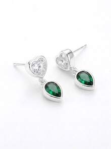 925 Silver Plated Platinum Emerald Cubic Zirconia Teardrop Earrings, Vintage Luxury Earrings, Hypoallergenic, Daily Wear & Gift For Women - White Gold - View 5