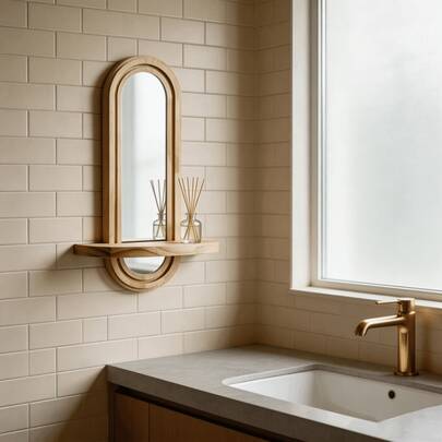 Round Hollow Threaded Wooden Wall Mirror! Made Of Selected Real Wood, With Acrylic Mirror Panel, Creative Storage And Display Design, Sturdy Yet Stylish, Creating A Minimalist Yet Elegant Home Decor !
