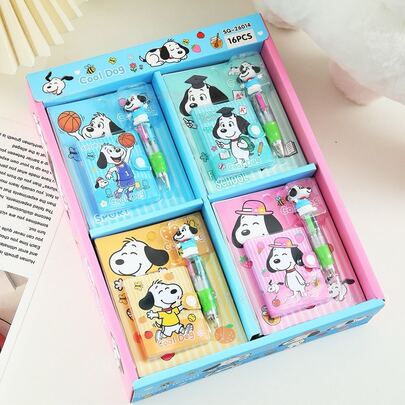 Happy Dog Notebook Set + Snoopy Cartoon Student Snap Button Diary Stationery With Four-Color Pens