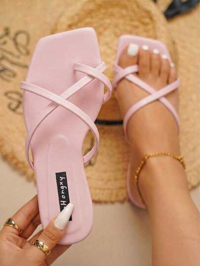planare Women's Fashion Casual Slip-On Flip Flops, Lightweight Vacation Style Strap Square Toe Summer Pink Flat Sandals