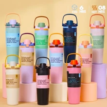 Botella térmica reutilizable con popote integrado y asa,FAB-29, Termo moderno de acero inoxidable 304, 900 ml, práctico, ligero y duradero para el día a día,Tapa Hermética con Boquilla Abatible, Popote Reutilizable, Aislamiento de Doble Pared, Mantiene Bebidas Frías y Calientes Todo el Día – Ideal para Oficina, Gym, Viajes y Uso Diario - Rosa palido - Ver 9