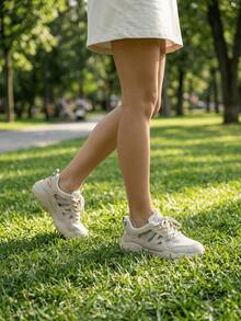2026 Summer Women's Hollow Breathable Contrast Color Round Toe Low-Top Lace-Up Thick-Soled Wedge Heel Outdoor Casual Sports Style Sandals, Versatile Mesh Khaki Sports Sandals - Khaki - View 5