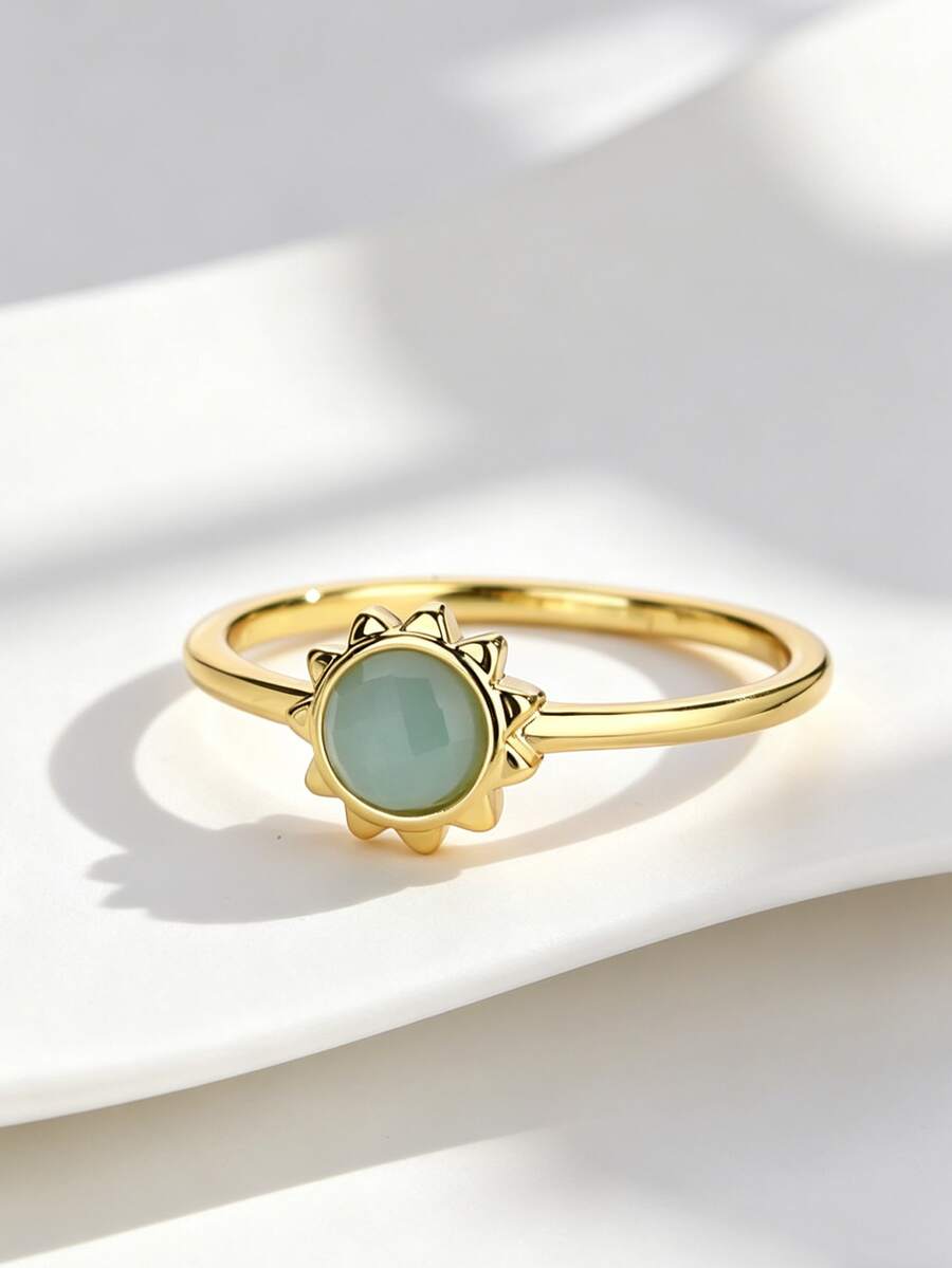 18K Gold Plated Sunburst Chalcedony Stackable Ring, Dainty Celestial Jewelry For Women Gift - Gold - View 1