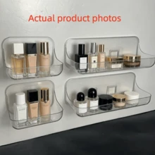 1pc No Drill Wall Mounted Adhesive Storage Rack, Transparent Plastic Bathroom Organizer With Drainage, Waterproof Bathroom Shelf For Cosmetics, Toiletries, Kitchen, Available In 2 Sizes - A - View 6
