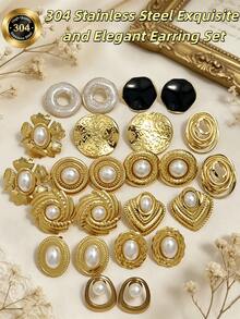 Bộ 18 chiếc khuyên tai dạng thẻ thời trang và độc đáo, kiểu dáng ngẫu nhiên, làm bằng thép không gỉ, thích hợp để tặng bạn bè và bạn học. Khuyên tai nữ, khuyên tai hình lá vàng, khuyên tai ngọc trai giả vàng, khuyên tai hình giọt nước đen trắng. - Phong cách cổ điển và thanh lịch - Xem 1