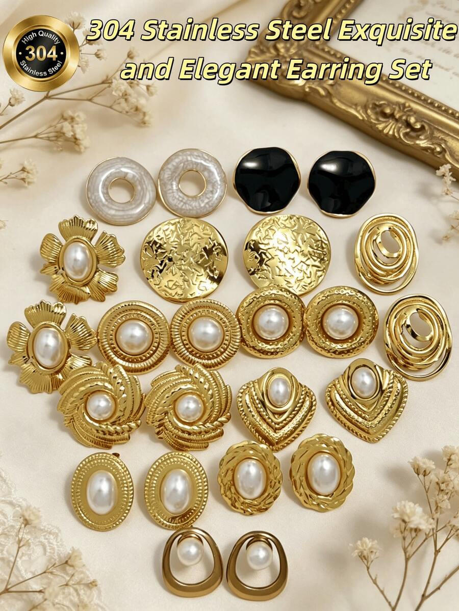 Bộ 18 chiếc khuyên tai dạng thẻ thời trang và độc đáo, kiểu dáng ngẫu nhiên, làm bằng thép không gỉ, thích hợp để tặng bạn bè và bạn học. Khuyên tai nữ, khuyên tai hình lá vàng, khuyên tai ngọc trai giả vàng, khuyên tai hình giọt nước đen trắng. - Phong cách cổ điển và thanh lịch - Xem 1