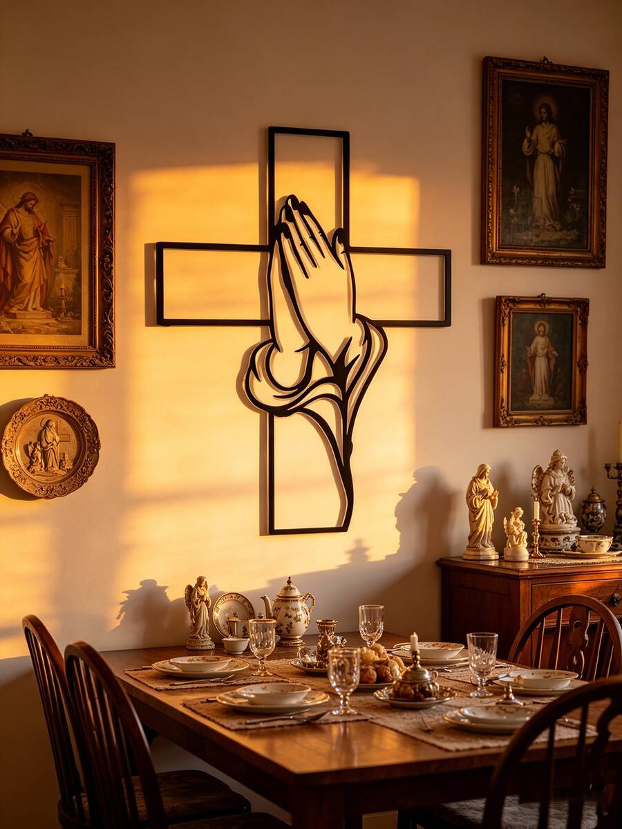 1pc Vintage Praying Hands Metal Wall Art - Rust-Resistant Iron Religious Decor With Cross Design, Christmas And Easter Blessing Gift, For Home, Church, Religious Home Decor (7.87in/11.81in/5.75in) Available In 3 Sizes - Black - View 1