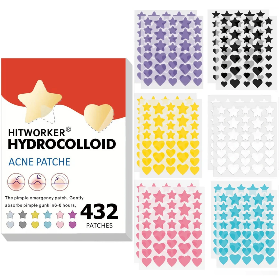 432 piezas/caja Parches de acné con forma de estrella de amor de hidrogel, sin alcohol, insípidos, no irritantes, que cubren el acné y los defectos, parches de acné de alta calidad con ácido salicílico y aceite de árbol de té, regalos navideños - Multicolor - Ver 1