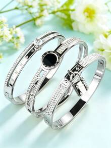 Set de 3 piezas de pulsera de metal vintage de acero inoxidable | Colgante de mini candado + Incrustación de zirconia romana | Pulsera anti-sudor y anti-desteñido | Gran regalo para el Día de San Valentín y el Día de la Madre | Joyería versátil para fiestas y banquetes - Juego de cerraduras pequeñas - Ver 4