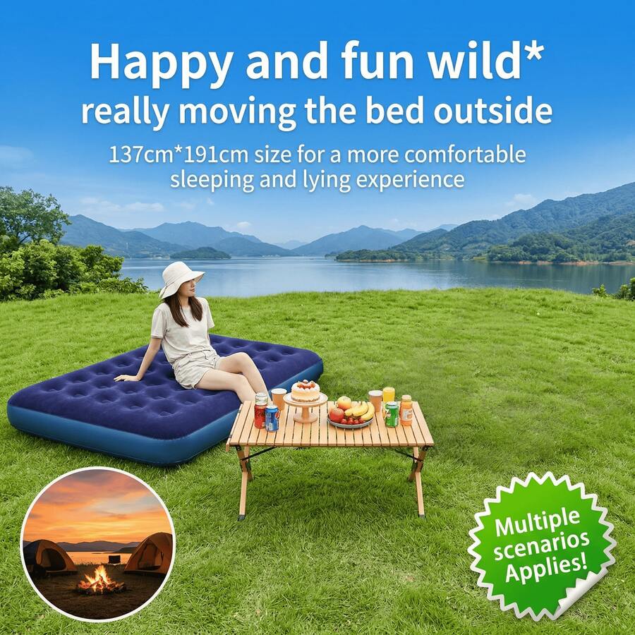 Double Size Inflatable Air Mattress, PVC Thickened Material, Spacious Double Size, Flocked Skin-Friendly Soft Surface, Suitable For Home & Outdoor Use, Camping Sleep Comfortably, Temporary Guest Bed, Portable Foldable Easy Inflation & Deflation, Air Pump Included - Double Bed With Air Mattress and Black Foot Pump - View 1