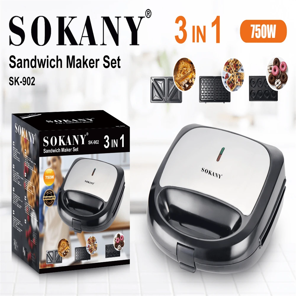 SOKANY 902 多功能三明治機，3組烘焙盤，高功率，雙面加熱，智能溫度控制，附指示燈，鋁製材質，適合自製鬆餅、三明治、甜甜圈 - 查看 1