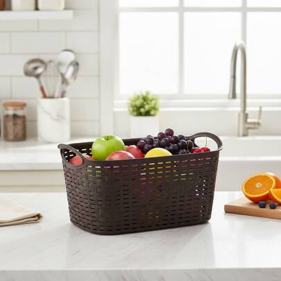 Cestino di immagazzinaggio in plastica intrecciata da 3,6 L con manico - Organizer domestico compatto e durevole per vestiti, giocattoli e articoli da cucina (24x16,5x12cm)