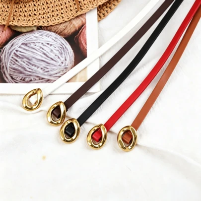 1pc Women's Vintage Gold Oval Buckle Belt, Soft Faux Leather Strap, Versatile For Daily And Holiday Wear