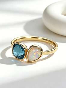 Charm-In Anillo abierto chapado en oro de 18K con cristal cuadrado azul y ópalo, exquisita joya de mujer con doble gema, estilo exagerado ajustable - Dorado - Ver 1