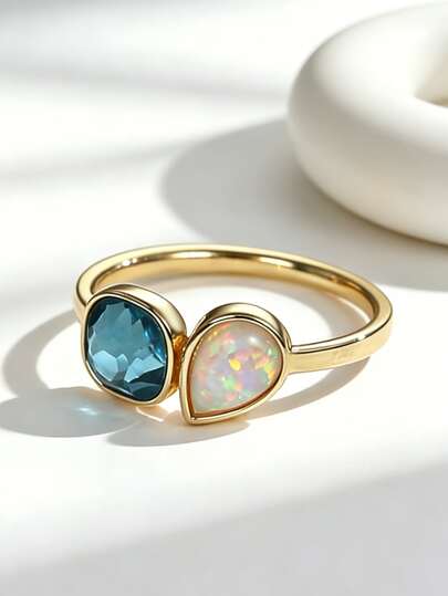 Charm-In 18K Gold Plated Blue CZ & Opal Open Ring, Dainty Two-Stone Adjustable Statement Jewelry For Women