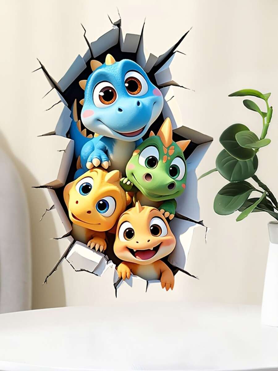 2D Dinosaur Breaking Wall Decal, Removable Wall Sticker Decor For Living Room, Kitchen, Study