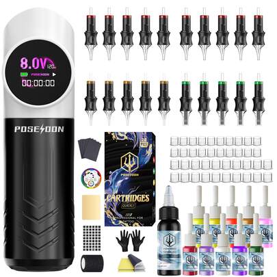  Poseidon Tattoo Machine Kit - Wireless Tattoo Machine Kit With Large Color Display, Includes Complete Tattoo Supplies: 11 Colors Tattoo Ink, 20 Tattoo Needles, 1 Roll Tattoo Bandage, 1 Practice Skin, 2 Transfer Papers, 10 Ink Cups, 1 Glove, 1 Palette, Suitable For Beginners And Professional Tattoo Artists