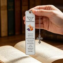 First Communion Stainless Steel Bookmark Set With Cross Charm - Religious Inspirational Design Reading Marker Gift For First Communion Ceremony & Christian Believers - Rectangle - View 10